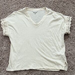Lucky Brand Cream V-Neck Tee with Crochet Sleeve Trim
